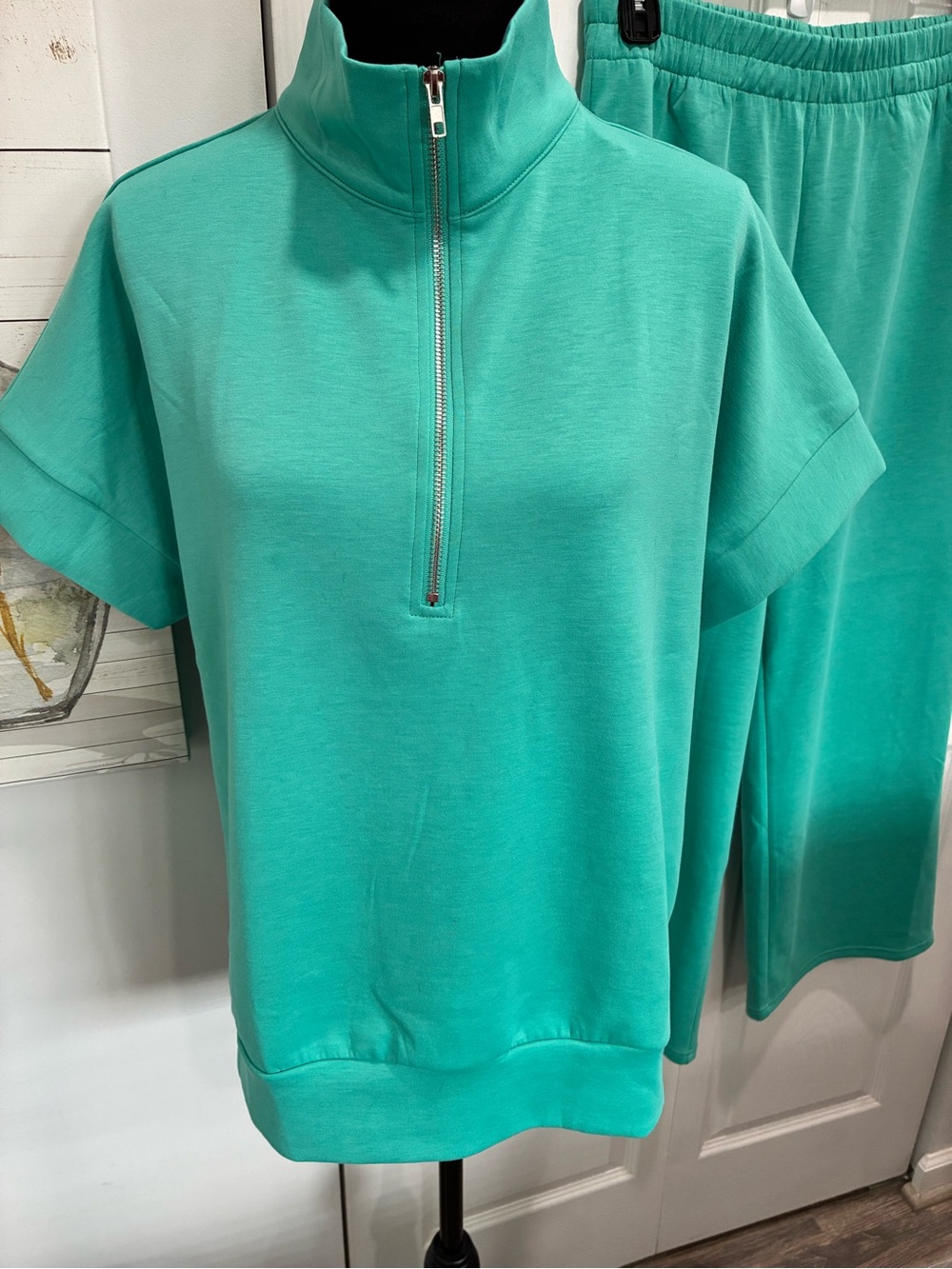 Relaxed Half-Zip Short Sleeve Top & Wide-Leg Joggers Set - Teal - Picture 2 of 13